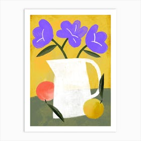 Flower Vase With Fruits In Yellow Kitchen Art Print