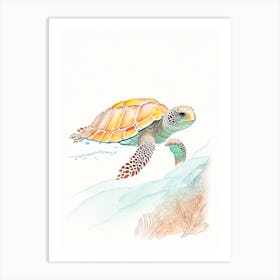 A Single Sea Turtle In Coral Reef, Sea Turtle Pencil Illustration 1 Art Print
