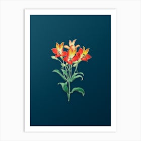 Vintage Red Speckled Flowered Alstromeria Botanical Art on Teal Blue n.0627 Art Print