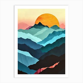 Sunset Over Mountains, Minimalist Peaks Art Print