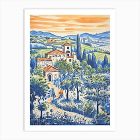 Italy, Tuscany Cute Illustration In Orange And Blue 2 Art Print