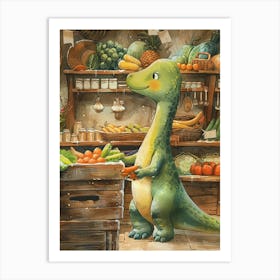 Cute Dinosaur Grocery Shopping Storybook Painting 1 Art Print