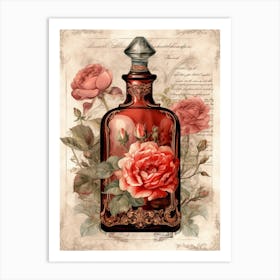 Vintage bottle with roses Art Print