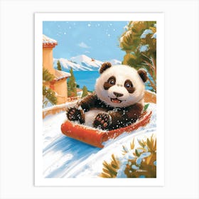 Giant Panda Cub Sledding Down A Snowy Hill Storybook Illustration 3 Art Print