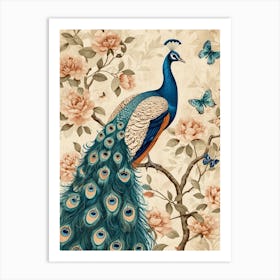 Peacock With Butterflies Vintage Wallpaper Style 1 Art Print