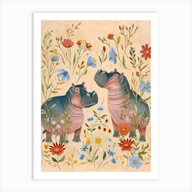 Folksy Floral Animal Drawing Hippo Art Print