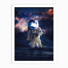 Astronaut By Wave And Thunderstorm Art Print