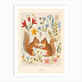 Folksy Floral Animal Drawing Squirrel 5 Poster Art Print