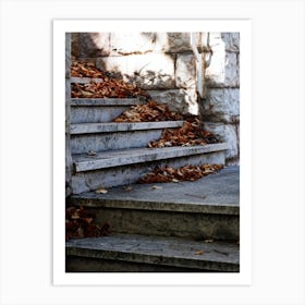 Autumn Fall Leaves Stairs Grey Orange Beige Nature Melancholic Photo Vertical Photography Living Room Bedroom Art Print