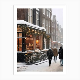 Amsterdam cafes, winter season, Christmas, autumn oil colors, pale colors, pedestrians in the street, winter clothes, falling snow.9 1 Art Print