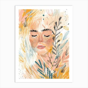 Girl With Flowers And Leaves 1 Art Print