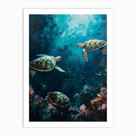 Sea Turtles Illuminated By The Light Underwater 4 Art Print