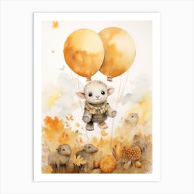 Sheep Flying With Autumn Fall Pumpkins And Balloons Watercolour Nursery 1 Art Print