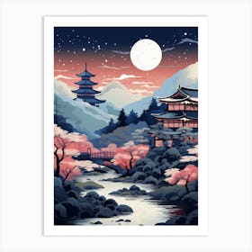 Winter Travel Night Illustration Hakone Japan 1 Art Print