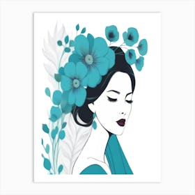 Beautiful Woman With Blue Flowers Art Print