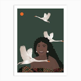 Smiling with Swans, Portrait of a Black woman Art Print Art Print
