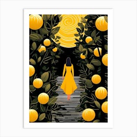 Girl In Yellow Dress Walking Through Orange Trees Art Print