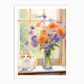 Cat With Daises Flowers Watercolor Mothers Day Valentines 6 Art Print