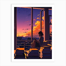 Anime Girl Reading Books At Sunset Art Print