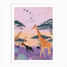 Giraffe In The Wild With Other Animals Watercolour Style 3 Art Print