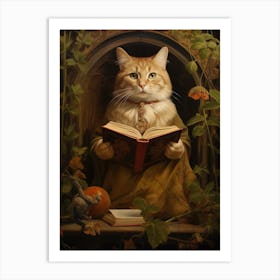 Medieval Cat Reading A Book Romantesque Style Art Print