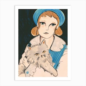 Girl With A Cat Vintage Art Print