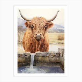 Highland Cow Drinking Out Of Brickwork Trough Art Print