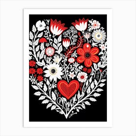 Folky Red & Black Heart Pattern 1 Art Print