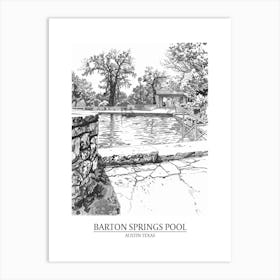 Barton Springs Pool Austin Texas Black And White Drawing 4 Poster Art Print