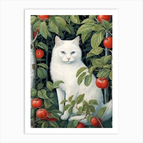 White Cat In Apple Orchard Art Print