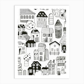 Houses Black And White Line Art Art Print