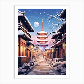 Winter Travel Night Illustration Kyoto Japan 3 Art Print