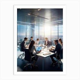 Conference Room Filled With Four Youthful Adults Two Women Two Men Engrossed In Team Strategy Do (2) Art Print