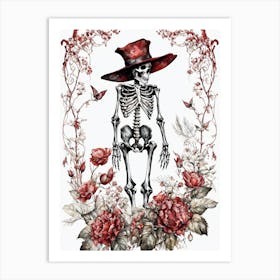 Floral Skeleton With Hat Ink Painting (33) Art Print