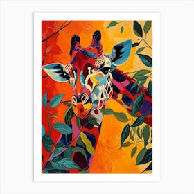 Colourful Giraffe In The Leaves Oil Painting Inspired 3 Art Print