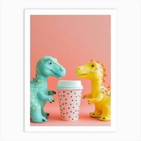 Toy Dinosaurs Share A Coffee Art Print
