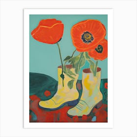 Painting Of Red Flowers And Cowboy Boots, Oil Style 5 Art Print