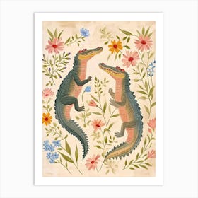 Folksy Floral Animal Drawing Crocodile 2 Art Print