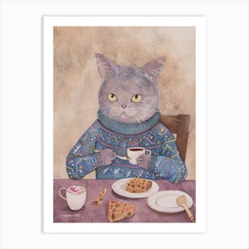 Grey Cat Having Breakfast Folk Illustration 7 Art Print