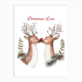 Raindeer Love, "Christmas Love", Verliebte Hirsche Malerei, Weihnachts Kunst. Art Print