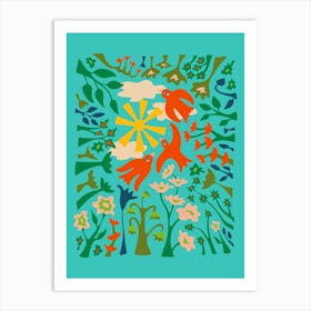 DAYDREAM IN THE GARDEN Happy Birds Flying in the Sky Above Colourful Flowers with Sun and Clouds Art Print