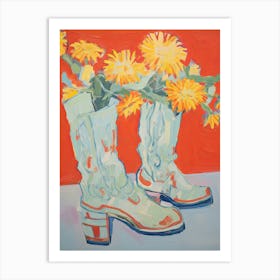 A Painting Of Cowboy Boots With Yellow Flowers, Pop Art Style 3 Art Print