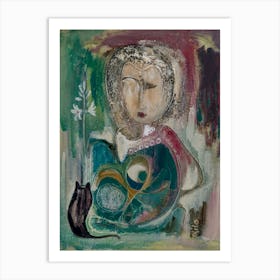 Warm Painting of a Woman With A Cat Art Print