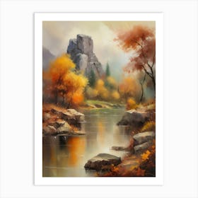 Autumn Lake,Forest Lake, Vintage Oil Painting, Farmhouse Wall Decorations, Antique Landscape, Vintage Landscape Oil Painting.3 6 Art Print