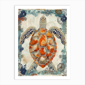 Sea Turtle Wallpaper Style Blue & Beige 1 Art Print