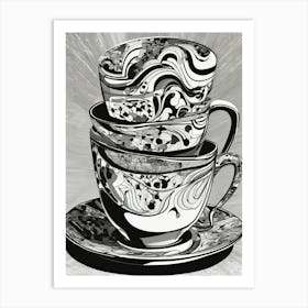 Stacked fractal china coffee cup abstract monochrome Art Print