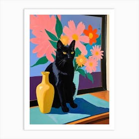 Black Cat With Flowers 2 Art Print