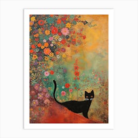 Fluffly Cat Klimt Flowers Botanical Art Art Print