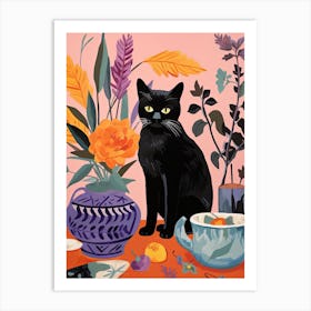 Lavender Flower Vase And A Cat, A Painting In The Style Of Matisse 0 Art Print