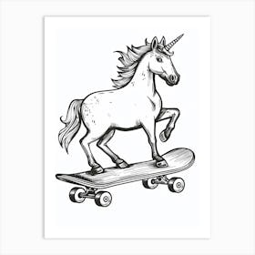Unicorn On A Skateboard Black And White Doodle 2 Art Print